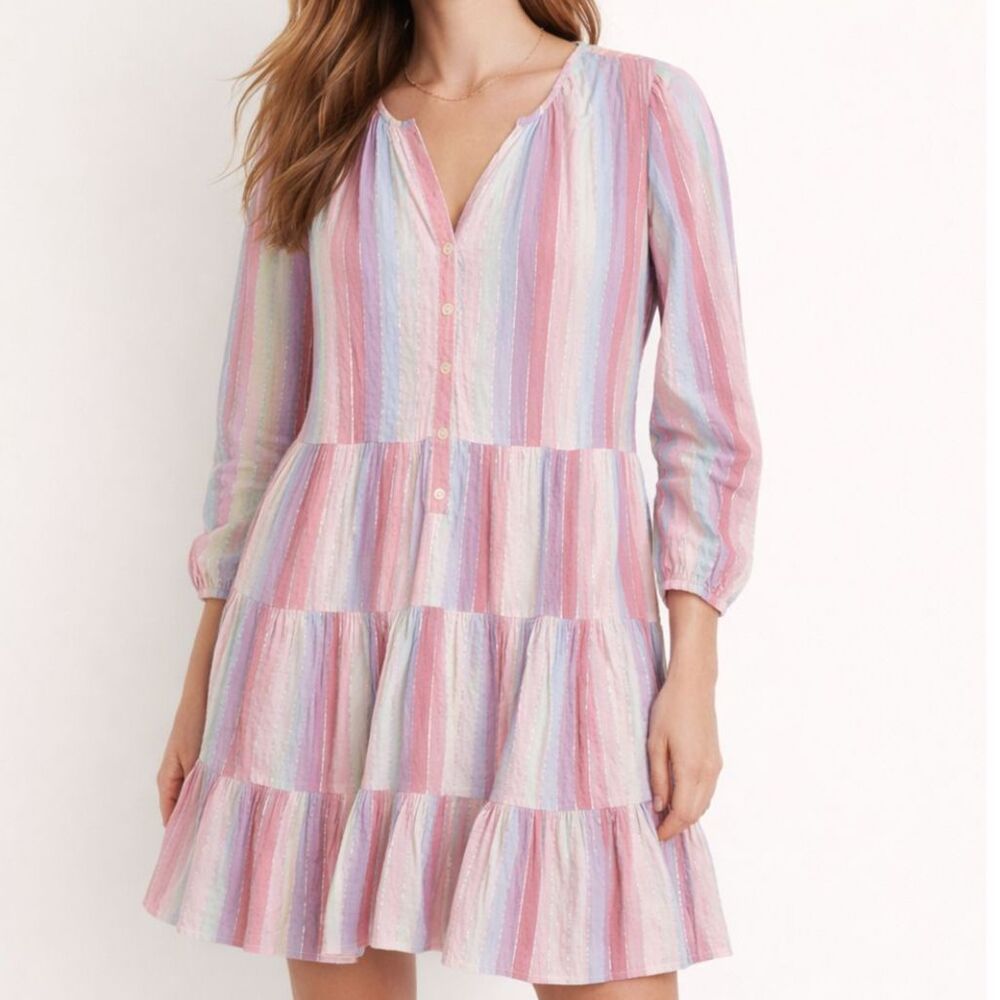 J. Crew Striped Metallic Tiered Dress Pink Blue Cotton Size Large